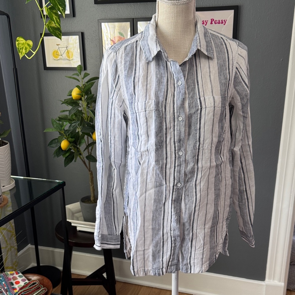 Athleta Women's Striped Button-Down Linen Shirt - Blue and White